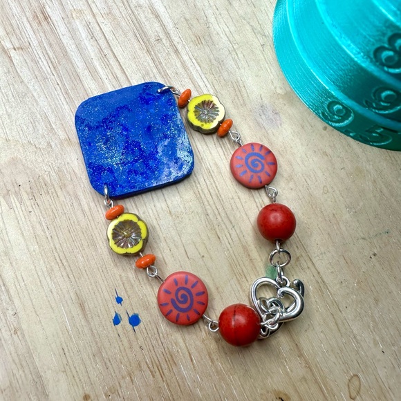 Hand crafted Blue Polymer Clay Bracelet Mexican Tile Design with Czech Glass - Picture 3 of 5